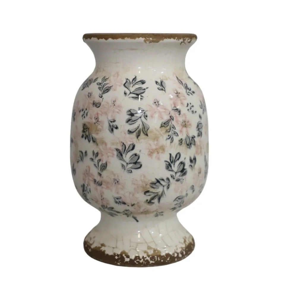 CHEMIN DE CAMPAGNE - Vase en céramique émaillée"fleurs bleues et rose" ø20 x 32 cm