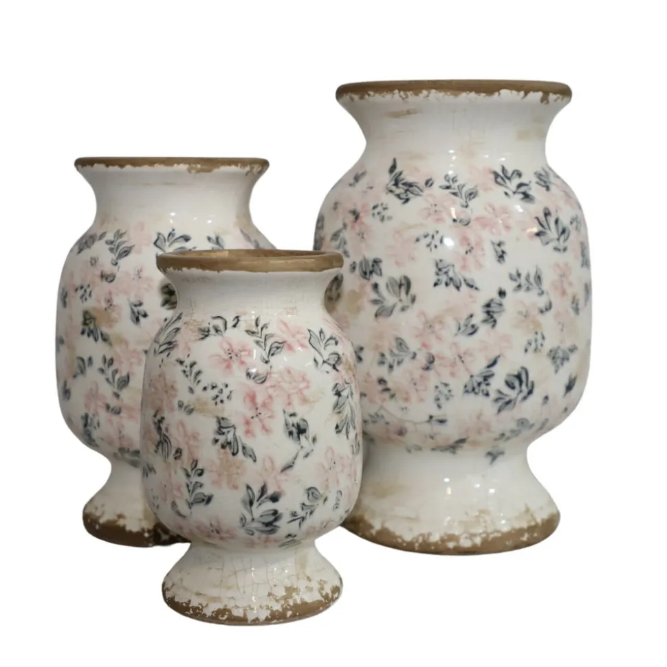 CHEMIN DE CAMPAGNE - Vase en céramique émaillée"fleurs bleues et rose" ø20 x 32 cm