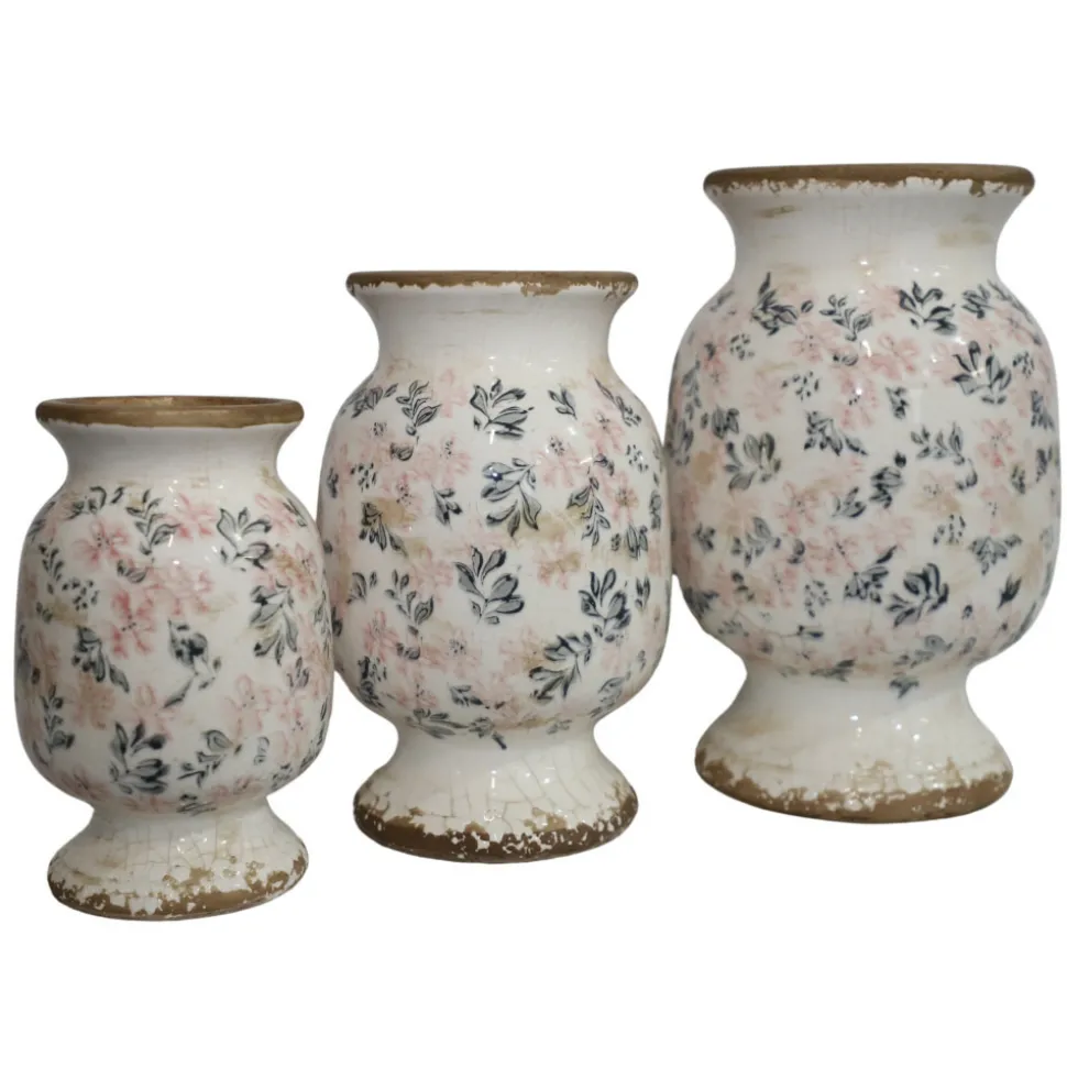 CHEMIN DE CAMPAGNE - Vase en céramique émaillée"fleurs bleues et rose" ø20 x 32 cm