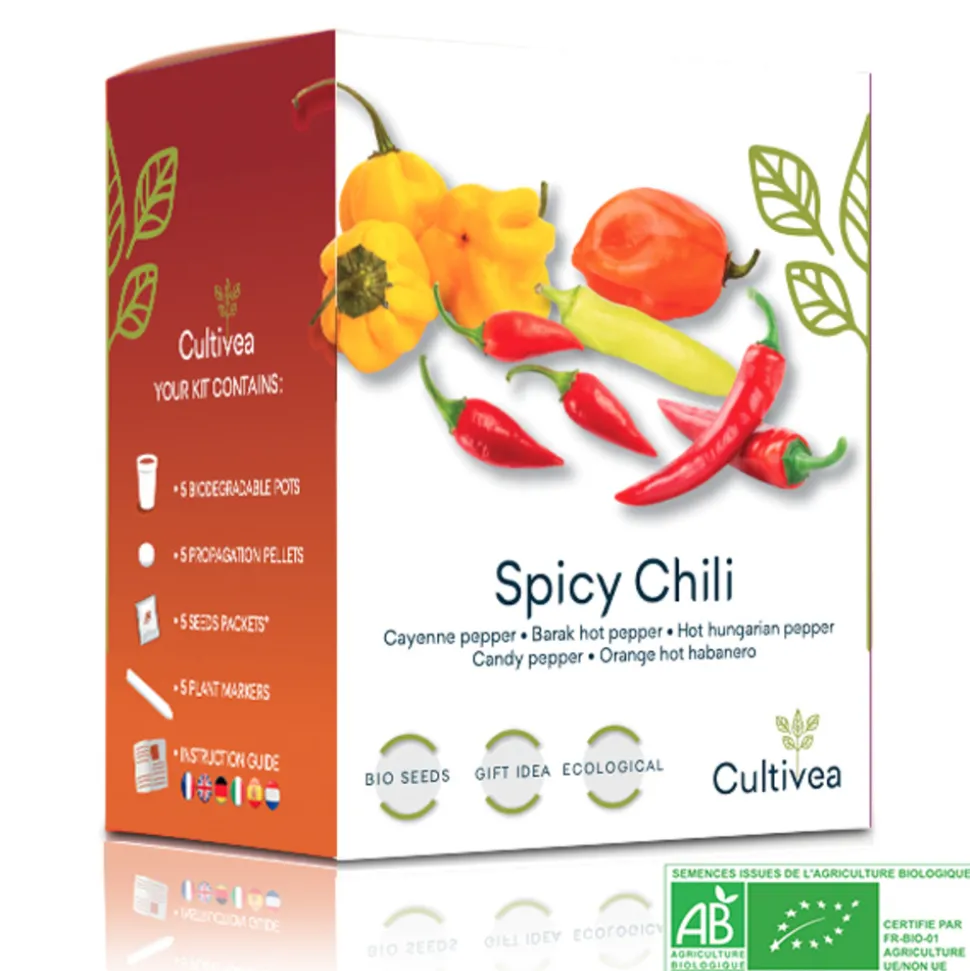 CULTIVEA - Kit Prêt à Pousser Piment - Piment de Cayenne, Piment fort barak, Piment Hungarian, Piment Bonbon, Habanero Orange - DIY