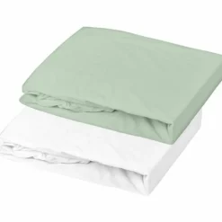 DOMIVA - 2 draps housse en jersey - blanc / vert de gris - 70 x 140 x 17 cm