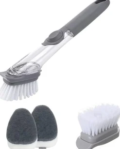 DOWNYPAWS - Brosse de nettoyage de cuisine 2 en 1 à long manche : avec distributeur d'éponge et brosse à vaisselle
