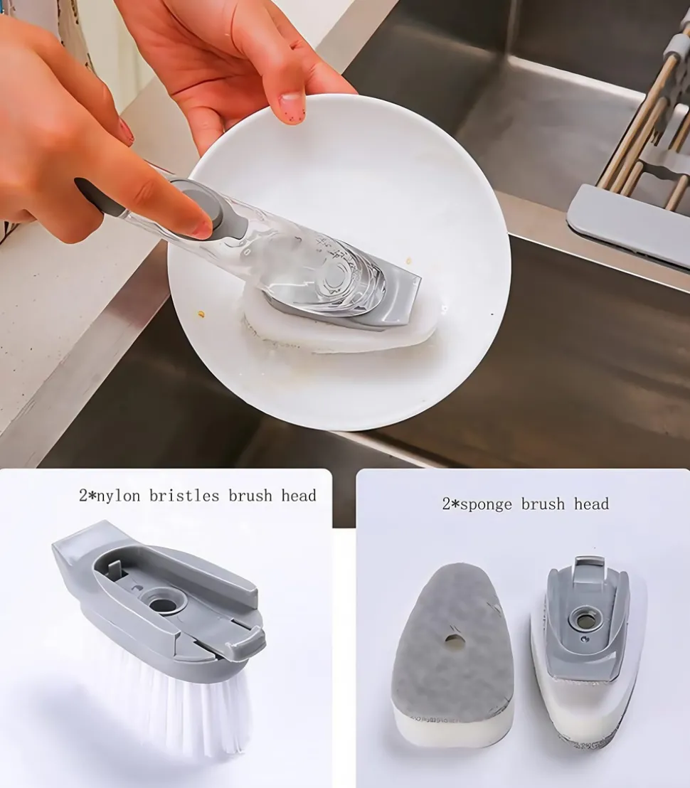DOWNYPAWS - Brosse de nettoyage de cuisine 2 en 1 à long manche : avec distributeur d'éponge et brosse à vaisselle