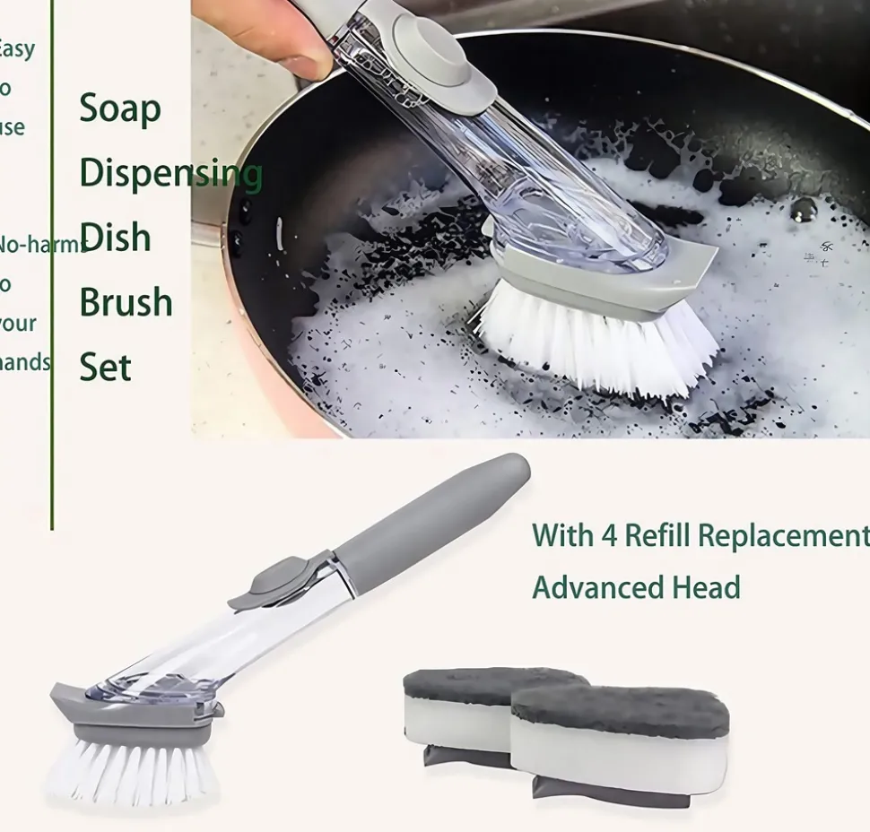 DOWNYPAWS - Brosse de nettoyage de cuisine 2 en 1 à long manche : avec distributeur d'éponge et brosse à vaisselle