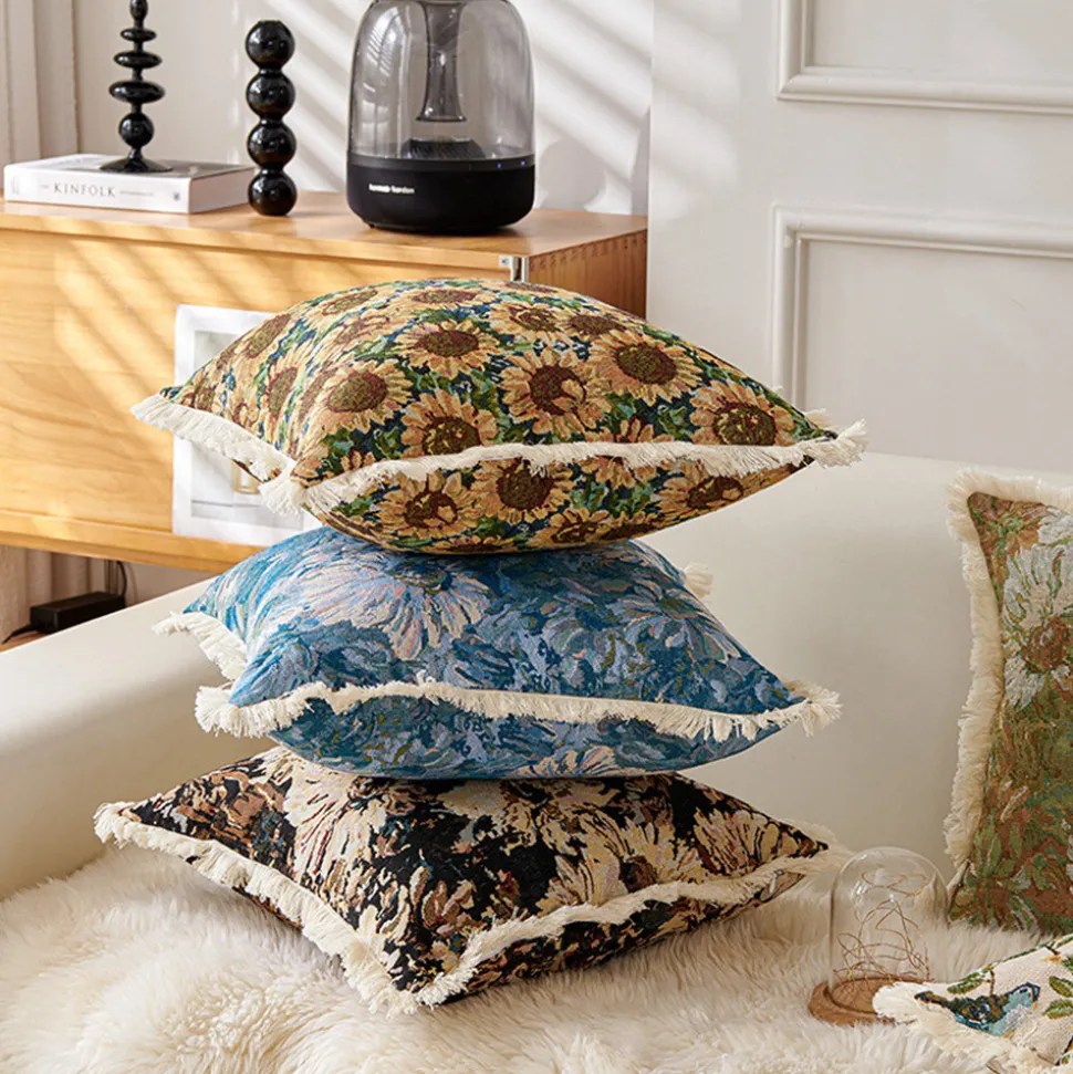 DOWNYPAWS - Coussin jacquard en coton et lin teint en fil - tournesol45×45cm