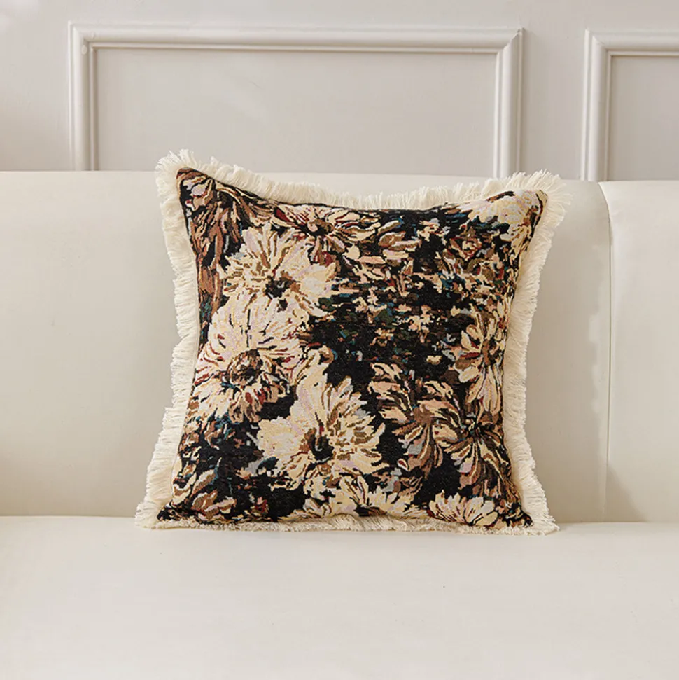 DOWNYPAWS - Coussin jacquard en coton et lin teint en fil - chrysanthème noir45×45cm