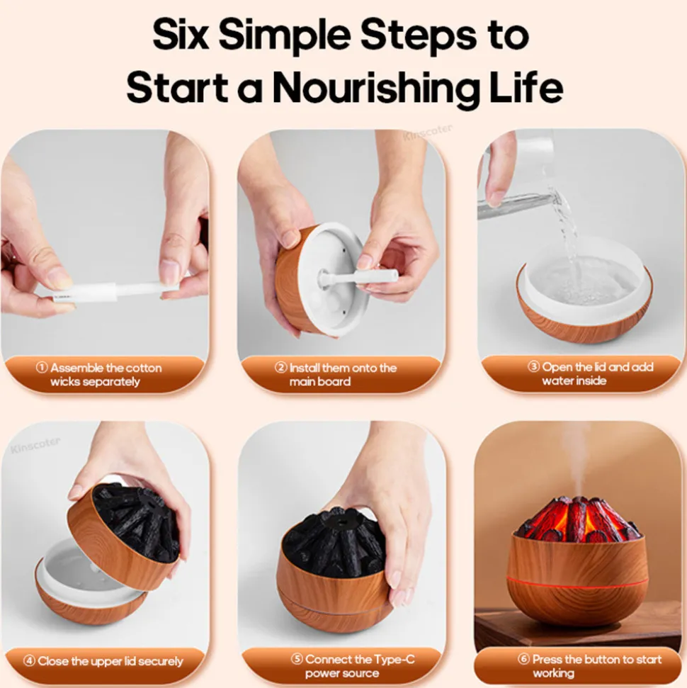 DOWNYPAWS - Humidificateur - diffuseur d'arômes à charbon de feu simulé (300ml, 2.2w)