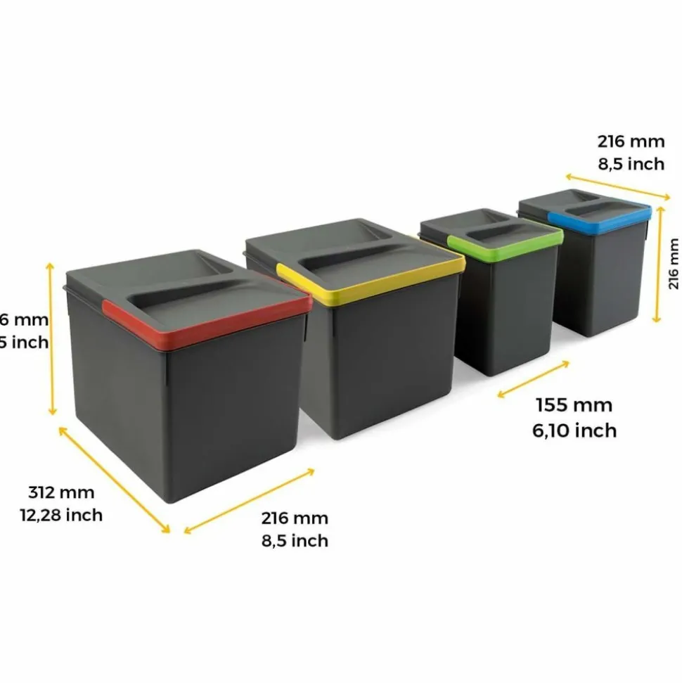 EMUCA - Bacs de tri pour tiroir de cuisine recycle 2 bacs de 12 litres et 2 bacs de 6 li