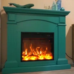 FUEGO - Cheminee electrique turquoise en mdf avec effet led et telecommande 1500w