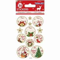 GLOBAL GIFT - 36 étiquettes adhésives de noël - paillettes dorées