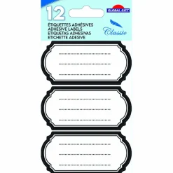 GLOBAL GIFT - 12 étiquettes adhésives scolaires - ovale vintage - noir