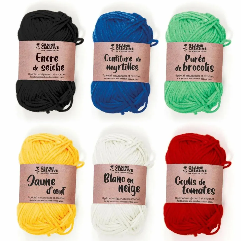 GRAINE CRÉATIVE - 6 fils de coton spécial crochet 55 m - blanc-rouge-jaune-vert-bleu-noir