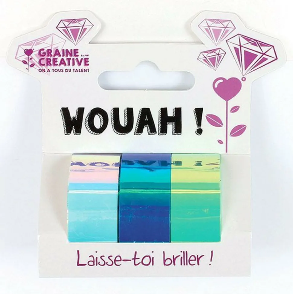 GRAINE CRÉATIVE - 3 masking tapes iridescents 5 m x 1,5 cm - blanc, bleu, vert