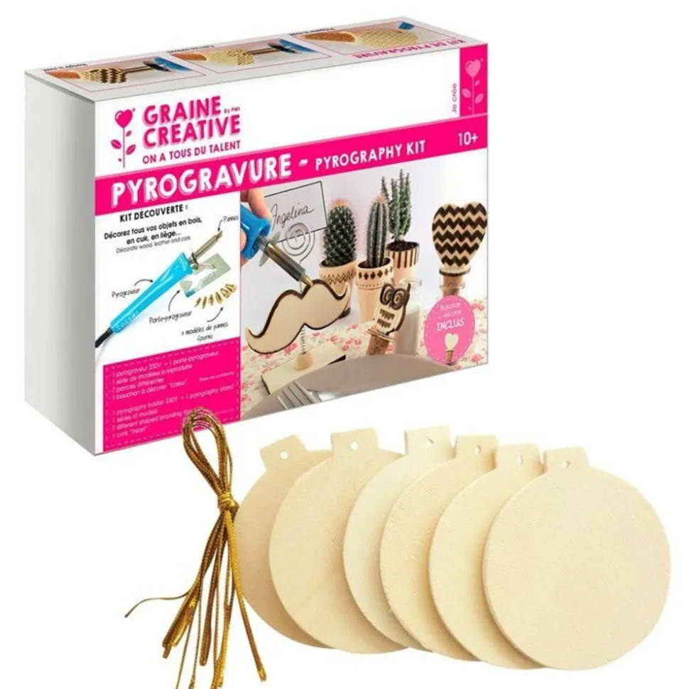GRAINE CRÉATIVE - Coffret pyrogravure + boules de noël en bois à suspendre