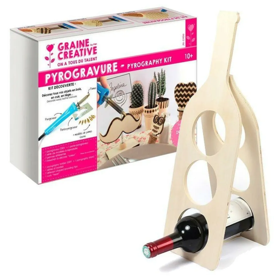 GRAINE CRÉATIVE - Coffret pyrogravure + range-bouteilles bois à décorer