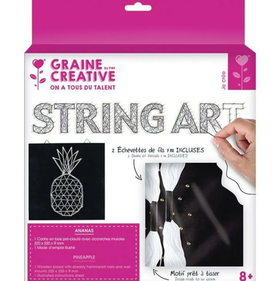 GRAINE CRÉATIVE - Coffret string art - tableau noir ananas art filaire 22 x 22 cm