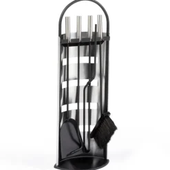 IDMARKET - Ensemble serviteur de cheminée noir inox 5 éléments pelle balai tisonnier pince avec support