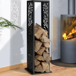 IDMARKET - Range bûche vertical acier noir motif arbre h.112 cm