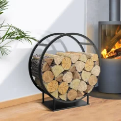 IDMARKET - Range bûches rond 70 x 30 x 75 cm étagère à bois en acier noir