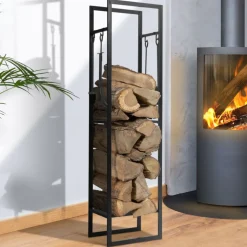 IDMARKET - Range bûches vertical acier noir avec étagère et accessoires h. 170 cm pour cheminée