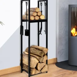 IDMARKET - Range bûches vertical acier noir avec accessoires et 1 étagère h.112 cm