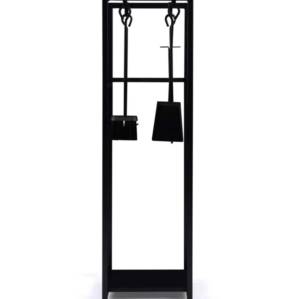 IDMARKET - Range bûches vertical acier noir avec accessoires et 1 étagère h.112 cm