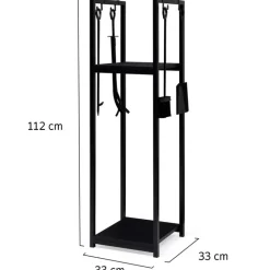 IDMARKET - Range bûches vertical acier noir avec accessoires et 1 étagère h.112 cm