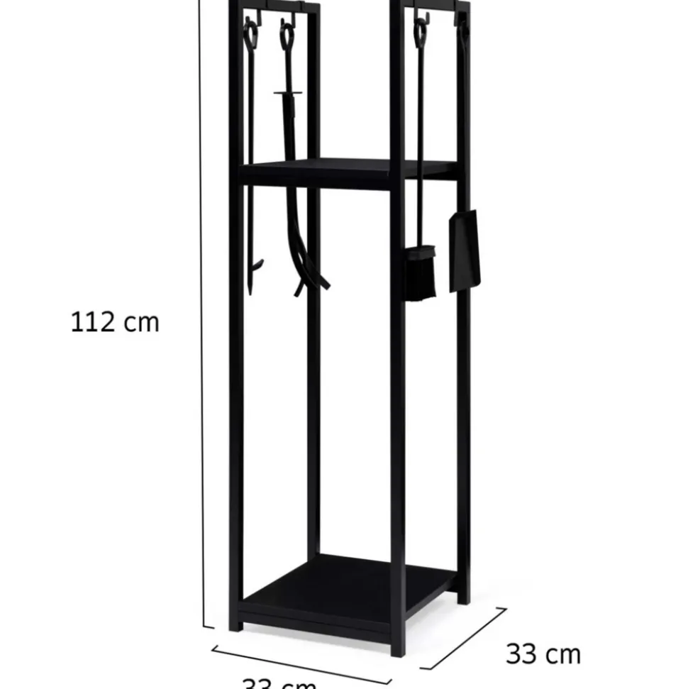 IDMARKET - Range bûches vertical acier noir avec accessoires et 1 étagère h.112 cm