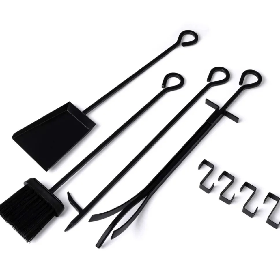 IDMARKET - Range bûches vertical acier noir avec accessoires et 1 étagère h.112 cm