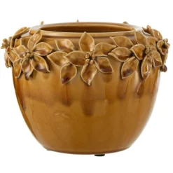 LANA DECO - Cache-pot en céramique "fleur design" 21cm ocre