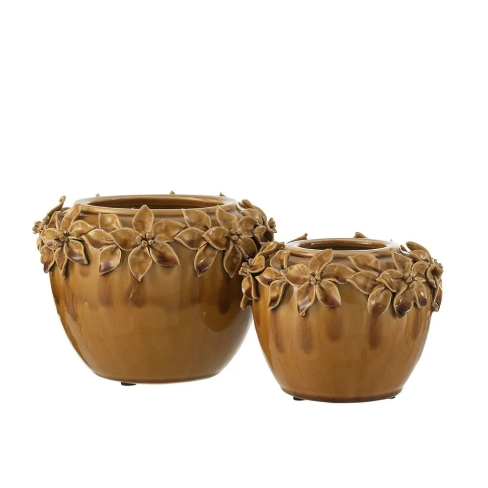 LANA DECO - Cache-pot en céramique "fleur design" 21cm ocre