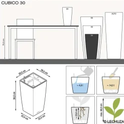 LECHUZA - Pot Cubico Premium en polypropylène, taupe L. 30 x l. 30 x H. 56 cm