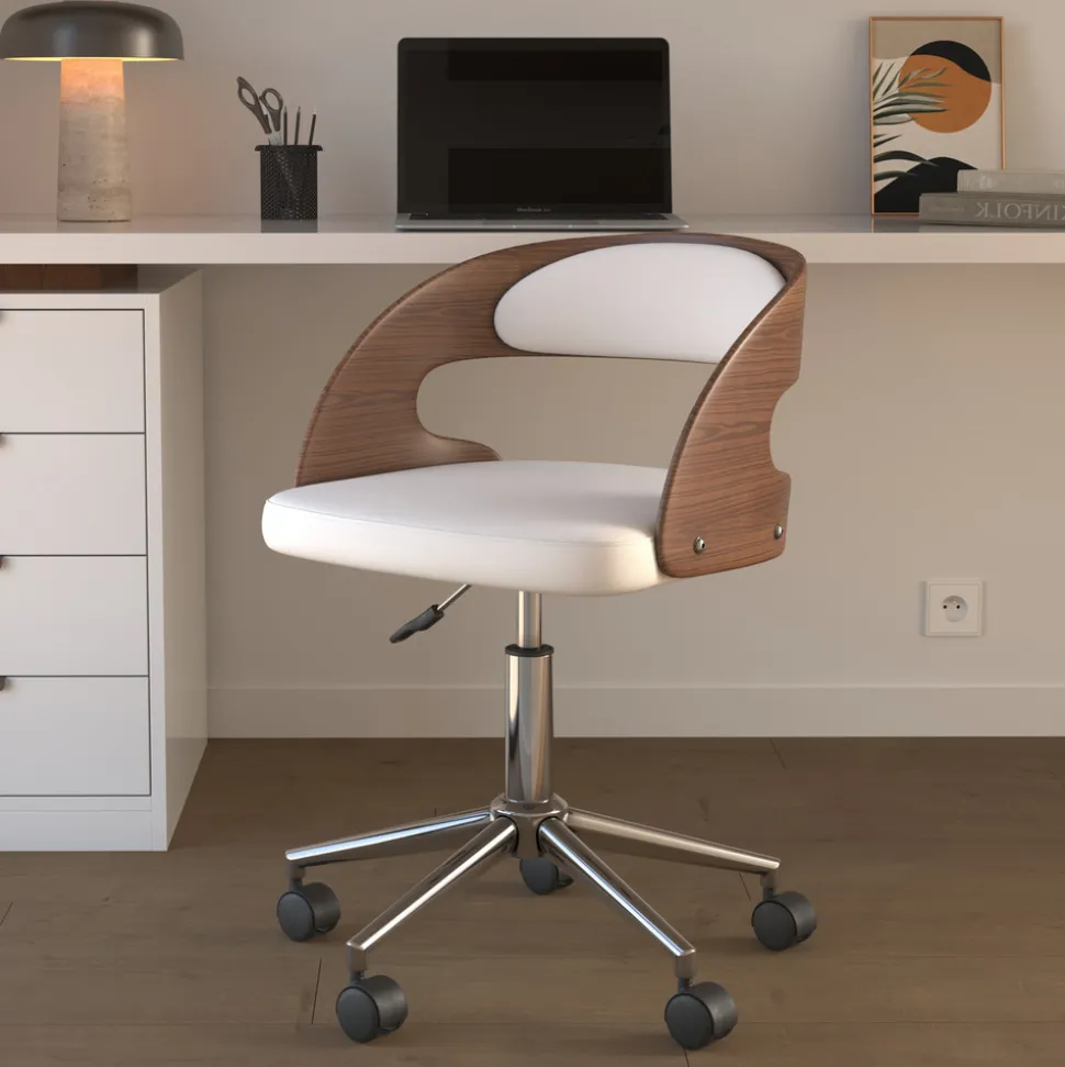 Louis - chaise de bureau pivotante en bois et pu blanc
