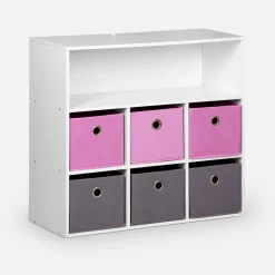 Meuble de rangement pour enfant. Blanc - camille - avec 7 compartiments et 6 paniers gris et roses