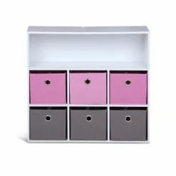Meuble de rangement pour enfant. Blanc - camille - avec 7 compartiments et 6 paniers gris et roses