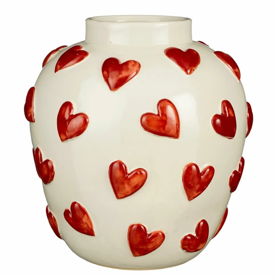 MICA DECORATIONS - Mica decorations - vase en céramique avec des cœurs blanc et rouge h33