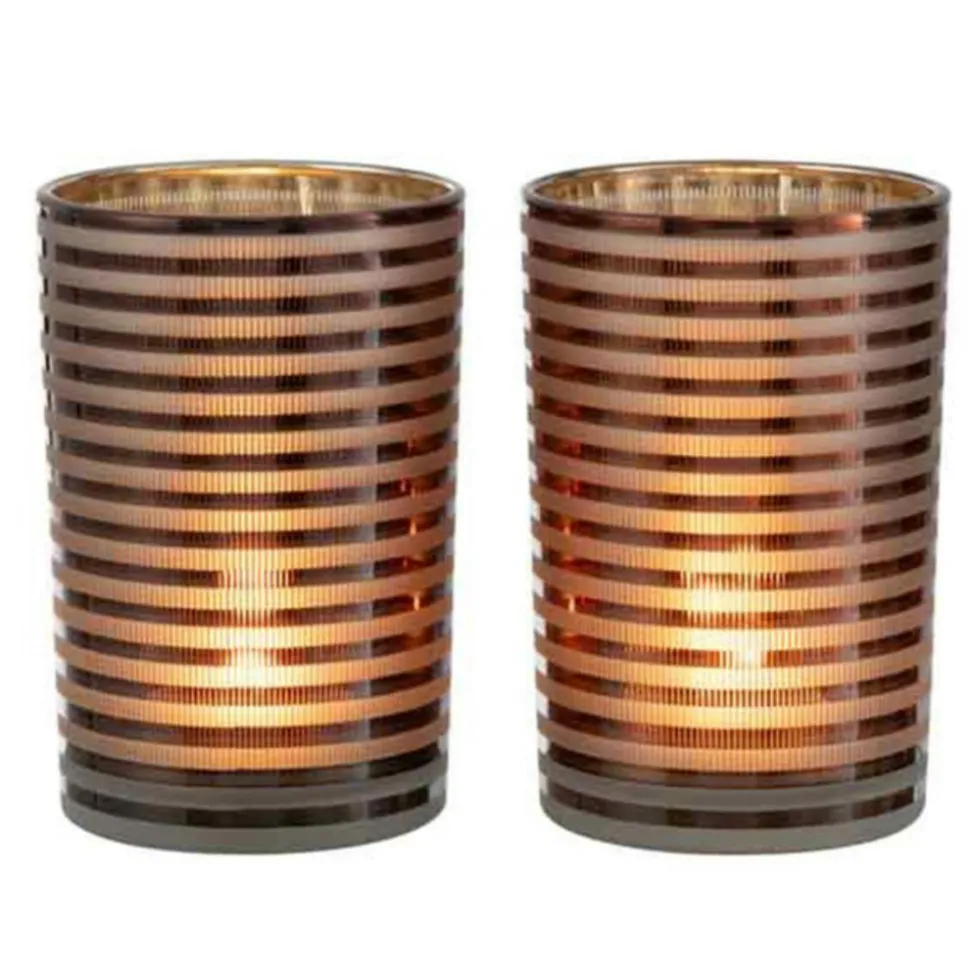 PARIS PRIX - Lot de 2 photophores "verre rayé" 18cm marron