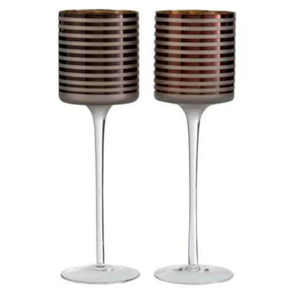 PARIS PRIX - Lot de 2 photophores sur pied "verre rayé" 30cm marron