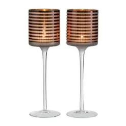 PARIS PRIX - Lot de 2 photophores sur pied "verre rayé" 30cm marron