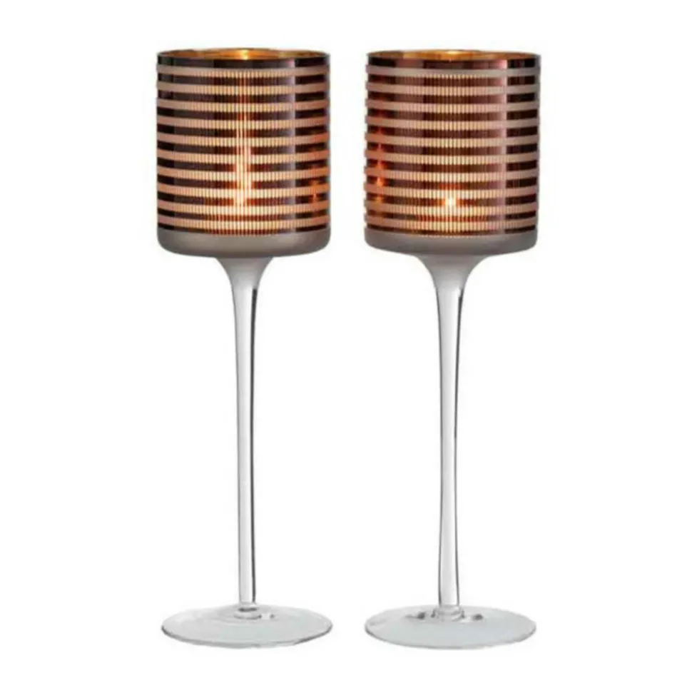 PARIS PRIX - Lot de 2 photophores sur pied "verre rayé" 30cm marron