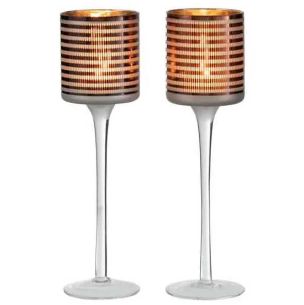 PARIS PRIX - Lot de 2 photophores sur pied "verre rayé" 25cm marron