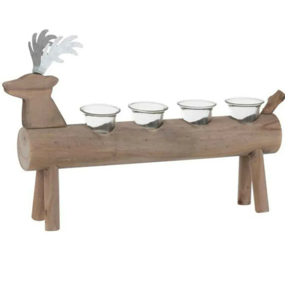 PARIS PRIX - Photophore 4 supports en bois "cerf" 47cm marron