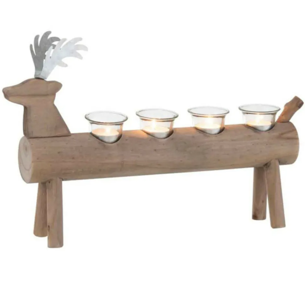 PARIS PRIX - Photophore 4 supports en bois "cerf" 47cm marron