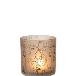 PARIS PRIX - Photophore en verre "happy faces" 15cm beige