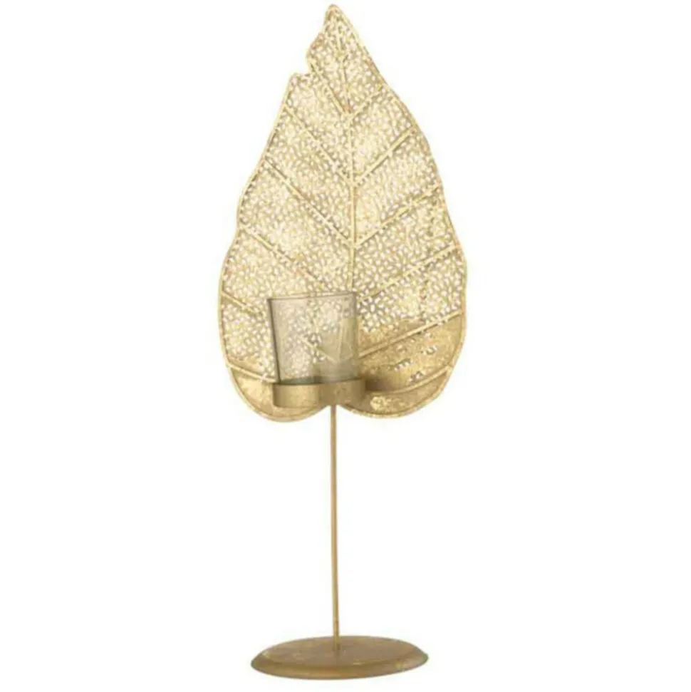 PARIS PRIX - Photophore sur pied "feuille métal" 50cm or