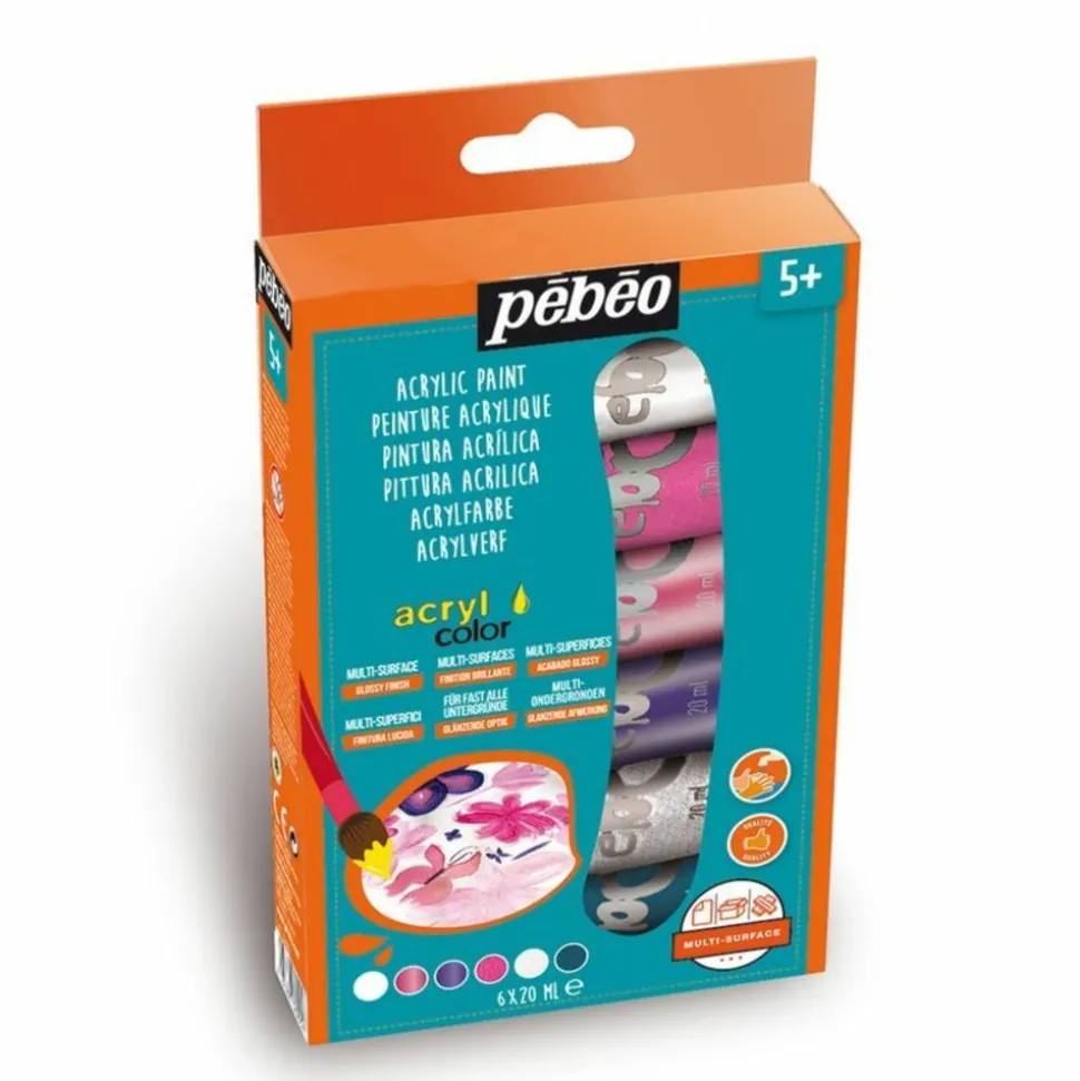 PÉBÉO - Kit découverte peinture acrylique - 6 couleurs girly - 6 x 20 ml