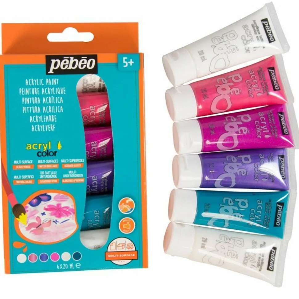 PÉBÉO - Kit découverte peinture acrylique - 6 couleurs girly - 6 x 20 ml