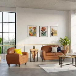 RENDEZ-VOUS DÉCO - Club - canapé 2 places camel en croute de cuir enduite