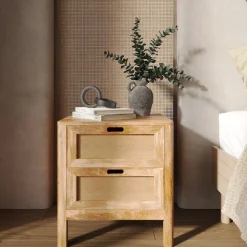 RENDEZ-VOUS DÉCO - Félix - table de chevet 2 tiroirs en bois de manguier et cannage