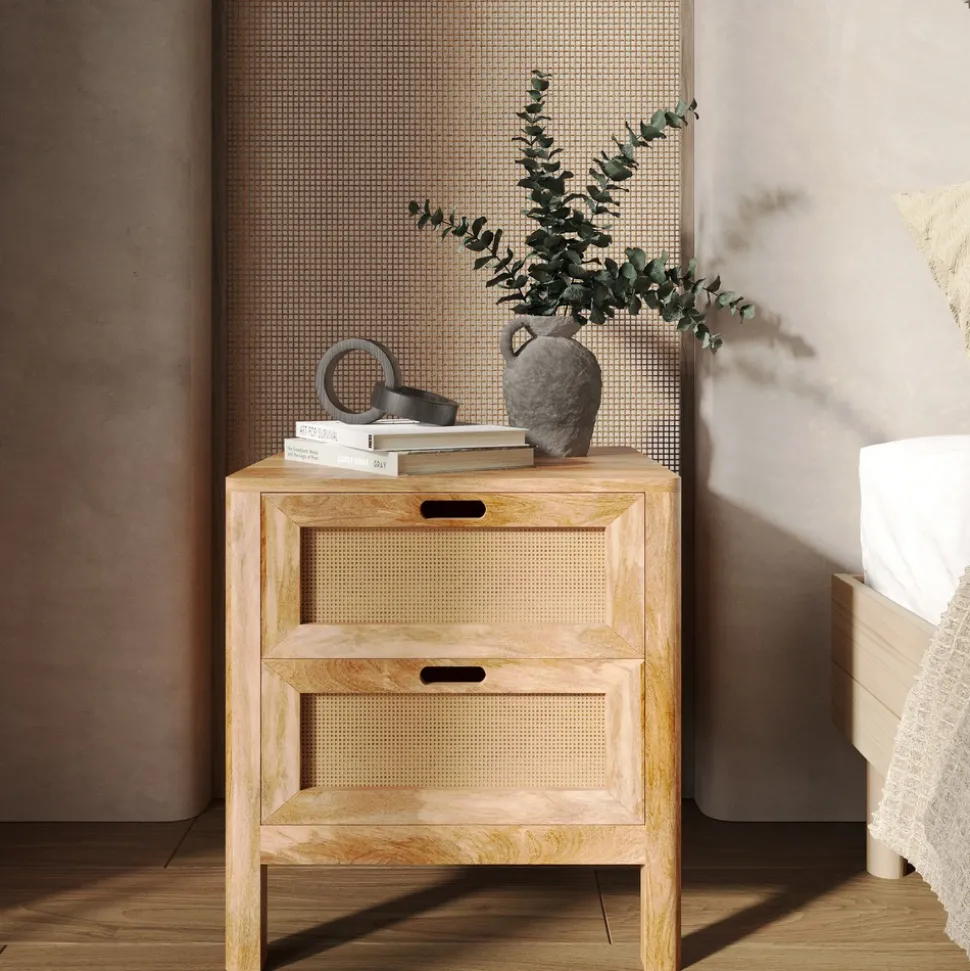 RENDEZ-VOUS DÉCO - Félix - table de chevet 2 tiroirs en bois de manguier et cannage